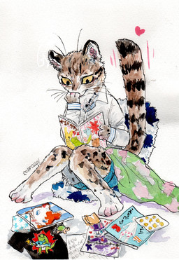 4_toes anthro barefoot bedding black_body black_fur blanket book bottomwear brown_body brown_fur clothed clothing feet female fingers fully_clothed fur heart_symbol inner_ear_fluff magazine markings multicolored_body reading shirt simple_background sitting solo spots spotted_body spotted_fur tail tail_markings toes topwear tuft whiskers white_background white_body white_clothing white_fur white_topwear yellow_eyes kyokyota clouded_leopard domestic_cat felid feline felis mammal pantherine 2015 absurd_res hi_res painting_(artwork) signature traditional_media_(artwork) watercolor_(artwork)