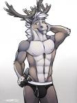 abs anthro balls_outline briefs bulge clothed clothing detailed_bulge front_view genital_outline hand_on_hip male muscular muscular_anthro muscular_male nipples pecs penis_outline pose rubbing_head solo standing topless underwear tsaiwolf mnty_(character) deer mammal new_world_deer reindeer 3:4 hi_res pinup signature