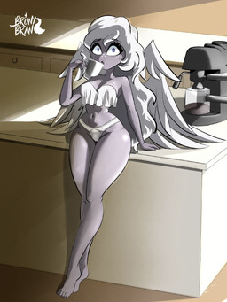 appliance breasts camel_toe clothing coffee_maker container cup feathered_wings feathers female freckled_breasts freckled_face freckled_shoulders freckles grey_body hair holding_container holding_cup holding_mug holding_object kitchen_appliance looking_at_viewer mug navel nipple_outline not_furry panties sitting solo topwear underwear wings bronybran hazbin_hotel hellaverse emily_(hazbin_hotel) angel angel_humanoid humanoid mammal seraph_(angel) winged_humanoid digital_media_(artwork) hi_res