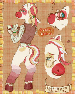 anthro book bottomless bubble_butt butt clothed clothing eyebrows eyewear female glasses hair heart_symbol hooves leg_markings markings multicolored_hair nerd ponytail red_nose solo speech_bubble sweater sweater_vest text topwear vest wwormguts peanut_gallery_(totalstinker) equid equine horse mammal pony character_name colored hi_res model_sheet