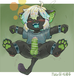 4_toes 5_fingers alternate_species ankle_cuffs anthro anus balls bangs barefoot black_body black_fur blue_claws blue_highlights blue_tongue blush blush_lines bottomless bottomless_anthro bottomless_male censor_bar censored_balls censored_genitalia censored_penis claws clothed clothing cuff_(restraint) cute_fangs dipstick_ears dipstick_tail ear_markings erection eyebrows eyes_closed fangs feet fingers front_view fur furrification genitals green_anus green_background green_balls green_claws green_highlights green_inner_ear green_inner_ear_fluff green_nose green_pawpads green_penis green_tuft grey_clothing grey_shirt grey_t-shirt grey_topwear hair highlights_(coloring) hindpaw humanoid_genitalia humanoid_penis ineffective_censorship inner_ear_fluff male male_anthro markings multicolored_ears open_mouth open_smile pawpads paws penis plantigrade plantigrade_pawpads purple_ear_tips purple_markings purple_tail_tip red_blush restraints shirt shirt_only simple_background smile solo spread_arms spread_legs spreading t-shirt t-shirt_only tail tail_markings teeth toes tongue topwear topwear_only tuft white_eyebrows white_hair wrist_cuffs young young_anthro young_male lengtuanzi the_legend_of_luo_xiaohei luo_xiaohei domestic_cat felid feline felis mammal censored full-length_portrait hi_res portrait