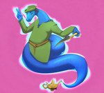 anthro apode blue_body blue_scales clothing dagger floating gesture green_clothing green_topwear hand_gesture hat headgear headwear legless magic_lamp male melee_weapon pink_background scales serpentine simple_background solo topwear v_sign weapon knuciuc draconcopode genie naga reptile scalie snake snake_naga 2024 hi_res