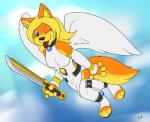 anthro cloud collar feathered_wings feathers female flying formal looking_at_viewer melee_weapon outside simple_background sky skyscape solo sword tongue tongue_out weapon wings fuzzywuff cyrell canid canine canis domestic_dog mammal 2015 hi_res