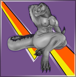 abs anthro big_butt breasts butt claws female grey_body grey_scales medium_breasts muscular muscular_anthro muscular_female navel nipples non-mammal_breasts non-mammal_navel non-mammal_nipples nude nude_female overbite scales scar simple_background smile smiling_at_viewer solo tail teeth thick_thighs toe_claws wide_hips lovemummification rachel_varex dinosaur prehistoric_species reptile saurischian scalie theropod tyrannosaurid tyrannosauroid tyrannosaurus tyrannosaurus_rex absurd_res hi_res