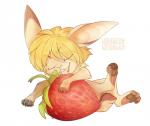 4_toes ambiguous_gender blonde_hair brown_body brown_fur brown_pawpads eyes_closed feet feral food fruit fur hair pawpads pink_nose plant simple_background smile solo strawberry toes white_background rikitoka lagomorph leporid mammal rabbit