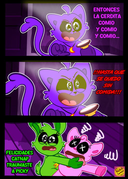anthro female green_body group male pink_body purple_body text trio rocketlennon mob_entertainment poppy_playtime smiling_critters catnap_(poppy_playtime) hoppy_hopscotch pickypiggy domestic_cat domestic_pig felid feline felis lagomorph leporid mammal rabbit suid suine sus_(pig) absurd_res comic hi_res spanish_text