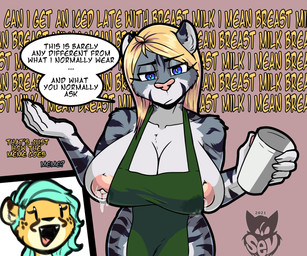 anthro apron apron_only areola big_breasts biped blonde_hair blue_eyes bodily_fluids breasts clothing container cup cutaway dialogue duo female front_view green_apron green_clothing hair holding_container holding_cup holding_object huge_breasts lactating lactating_through_clothing logo looking_at_viewer milk mostly_nude nipples speech_bubble text wet wet_clothing year sevsartcave i_mean_breast_milk claire_(batartcave) jade_(batartcave) cheetah felid feline mammal pantherine tiger 2021 absurd_res artist_logo english_text hi_res meme