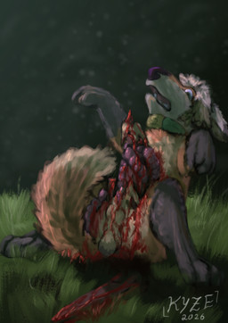 anatomically_correct anatomically_correct_genitalia anatomically_correct_penis baculum black_body black_fur blood bodily_fluids bone dangerous feral feral_penetrated fur genitals gore gore_focus grass_field guts guts_out impalement improvised_sex_toy intestines_out lacerated_penis laceration male orange_body orange_fur organs penetration penis scared scarf simple_background skin_ripping el_kyze spyer_fox canid canine fox mammal hi_res
