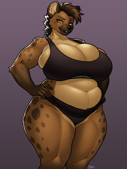anthro belly big_breasts biped breasts brown_body brown_fur clothed clothing curvy_figure eyebrows eyelashes female fingers fur hair huge_breasts looking_at_viewer markings musclegut muscular muscular_anthro muscular_female muscular_thighs overweight overweight_anthro overweight_female panties pupils simple_background smile solo spots spotted_body spotted_fur standing thick_thighs three-quarter_view underwear voluptuous wide_hips blazbaros hyena mammal spotted_hyena 2025 3:4 hi_res