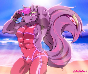 abs anthro armpit_hair backlighting beach big_muscles biped blue_sky body_hair bulge clothed clothing day detailed_background fully_clothed fur grin hat headgear headwear kemono light male muscular muscular_anthro muscular_male outside pose purple_body purple_fur sand sea seaside sky smile solo standing sun swimwear tight_clothing visor_cap water wetsuit fruitz lifewonders tokyo_afterschool_summoners bathym_(tas) canid canine canis demon mammal wolf lighting