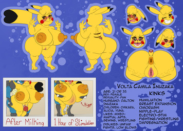 big_breasts big_butt blush bodily_fluids breast_expansion breast_play breast_squish breasts butt cum cum_inflation cum_inside embarrased_horny embarrassed expansion female genital_fluids genitals huge_breasts huge_butt inflation looking_at_viewer nipples plump_labia pokemorph puffy_nipples squish text thick_thighs vulva conditional_dnp ori-doggo nintendo pokemon cosplay_pikachu_(character) volta_(ori-doggo) generation_1_pokemon pikachu pokemon_(species) absurd_res english_text hi_res model_sheet
