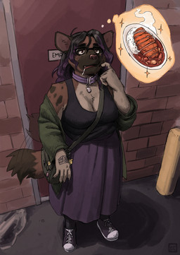anthro bag bodily_fluids bottomwear brick brick_wall clothing collar curry detailed_background drooling eyewear female glasses hand_tattoo hungry overweight overweight_anthro overweight_female saliva satchel skirt solo tail tail_motion tailwag thought_bubble wall_(structure) wearing_glasses chimeracauldron hyena mammal hi_res trans_(lore) trans_woman_(lore)