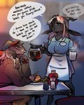 anthro dialogue diner duo eating female female/female flirting restaurant smile smirk text waiter glacierclear lara_(fightinlove) trish_(fightinlove) baboon bovid caprine goat haplorhine mammal monkey old_world_monkey primate 2021 absurd_res english_text hi_res