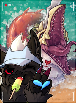 ambiguous_gender anthro black_body black_fur bodily_fluids camera_hud claws dessert duo facial_scar fangs feral fin finger_claws food fur gesture hand_gesture heart_symbol ice_cream metal metallic_body mouth_shot one_eye_closed open_mouth red_body red_eyes saliva saliva_string sand scar sea seaside selfie teeth tongue tongue_out v_sign water wave wink zegzagun bandai_namco digimon gazezemon digimon_(species) megaseadramon 2025 absurd_res hi_res