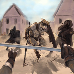 abs accessory angry baldric bandage battle blood bodily_fluids brown_body brown_fur building bulge charging clothing cloud day fight fingerless_gloves first_person_view fluffy fluffy_tail fur gloves group hair handwear headband knight looking_at_viewer male melee_weapon multicolored_body multicolored_fur muscular muscular_male open_mouth outside pink_nose plantigrade polearm scabbard shield sky spear sword tail tan_body tan_fur tan_hair two_tone_body two_tone_fur village warrior weapon marsonaut canid canine canis human mammal wolf 1:1 signature