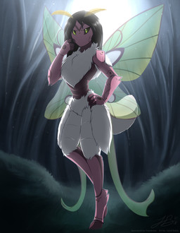 4_fingers ambiguous_gender anthro day detailed_background fingers forest grass green_eyes hooves insect_wings outside plant solo tree wings infinitedge arthropod insect lepidopteran moth digital_media_(artwork) hi_res