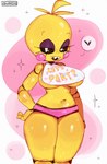 animatronic avian beakless bib bird black_sclera chicken clothing eyeshadow female five_nights_at_freddy's five_nights_at_freddy's_2 galliform gallus_(genus) glistening glistening_body glistening_thighs heart_symbol hi_res humanoid kawo_oshy machine makeup panties phasianid pink_cheeks pink_clothing pink_panties pink_underwear purple_eyelids purple_eyeshadow robot robot_anthro scottgames sharp_teeth solo teeth thick_thighs toy_chica_(fnaf) underwear white_eyes yellow_body