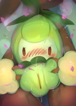 ambiguous_gender blush bodily_fluids brown_body brown_fur duo female female/ambiguous female_feral feral front_view fur genital_fluids genitals green_body heart_eyes heart_symbol holding_partner looking_at_viewer lying messy on_back plant presenting presenting_vulva simple_background solo_focus spread_legs spreading sweat sweatdrop vaginal_fluids vulva metalisk nintendo pokemon generation_4_pokemon generation_5_pokemon lopunny petilil pokemon_(species) 2025 absurd_res digital_media_(artwork) hi_res
