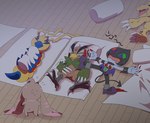 anthro bedding blanket bodily_fluids feral group humor male pillow sleeping sweat kuso_800t bandai_namco digimon digimon_survive agumon_(survive) dracmon_(survive) falcomon_(survive) kunemon_(survive) lopmon_(survive) agumon digimon_(species) dracmon falcomon kunemon lopmon