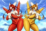 anthro ass_to_ass big_breasts biped breasts detailed_background duo eyelashes featureless_crotch female female/female looking_back multicolored_body nude open_mouth outside pupils thick_thighs three-quarter_view latiar nintendo pokemon generation_3_pokemon latias legendary_pokemon pokemon_(species) 2025 hi_res