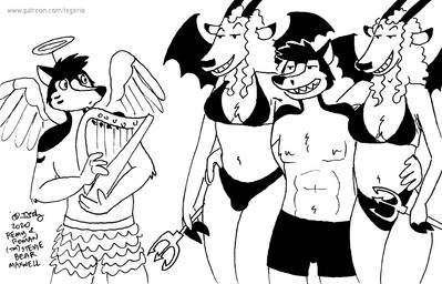 anthro bedroom_eyes bra breasts cleavage clothed clothing fake_wings female fur group gynomorph hair halo harp holidays horn intersex male melee_weapon musical_instrument narrowed_eyes navel panties plucked_string_instrument polearm seductive string_instrument topless trident underwear weapon tegerio halloween cassandra_(tegerio) dani_(tegerio) antelope bovid canid canine canis fox hybrid mammal wolf 2020 black_and_white greyscale monochrome herm_(lore)