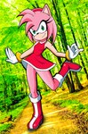 anthro boots bottomwear bracelet clothing dress female footwear forest forest_background fur gloves green_eyes hair handwear jewelry looking_at_viewer nature nature_background on_one_leg pink_body pink_fur pink_hair plant red_clothing shoes skirt smile solo standing tree nikku_lunatique sega sonic_the_hedgehog_(series) amy_rose eulipotyphlan hedgehog mammal hi_res