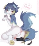 2_tails anthro anus balls big_butt blue_body blue_hair bodily_fluids butt claws dripping dripping_penis erection fangs feet femboy fingers floppy_ears fur genital_fluids genitals green_pawpads hair humanoid_genitalia humanoid_penis kaomoji looking_at_viewer lop_ears male multi_tail multicolored_body nude paw_pose pawpads paws penile penis perineum pose precum precum_drip prosthetic prosthetic_leg prosthetic_limb red_eyes sabertooth_(anatomy) short_hair simple_background smile solo string tail teeth text white_body white_fur janiskisa felid feline felis mammal pantherine digital_media_(artwork) hi_res