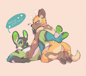 anthro anthro_on_anthro anthro_penetrated anthro_penetrating anthro_penetrating_anthro asking asking_another asking_who blue_body blue_fur blush brown_body brown_fur butt dialogue duo fur good_boy green_body green_fur inner_ear_fluff kneeling looking_at_another lying male male/male male_penetrated male_penetrating male_penetrating_male nude on_back penetration power_bottom question sex speech_bubble talking_to_another talking_to_partner text tuft white_body white_fur yellow_body yellow_fur absinthwilddog tohfu african_wild_dog canid canine mammal english_text hi_res