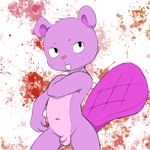 anthro belly belly_markings big_tail blood blood_splatter bodily_fluids buckteeth flaccid foreskin freckles fur genitals heart_nose heart_symbol male markings penis purple_body purple_fur small_penis solo tail teeth young young_anthro nekotanyanneko happy_tree_friends toothy_(htf) beaver mammal rodent 1:1 hi_res adult_(lore)