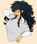 anthro big_breasts big_hair breasts clothing colored_nails exposed_shoulder female fingernails fur green_eyes hair half-closed_eyes lips long_hair markings mature_female nails narrowed_eyes pointy_ears purple_fingernails purple_nails rubbing_neck shirt solo striped_markings stripes t-shirt thick_bottom_lip tired_look topwear white_body white_fur jeibon amerie_sanger haplorhine mammal monkey primate half-length_portrait hi_res portrait
