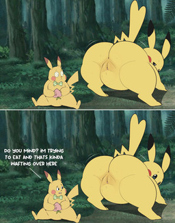 all_fours ambiguous_gender anthro bow_tie bow_tie_only butt dialogue dipstick_ears disinterested duo ear_markings female feral fur genitals hair larger_female larger_feral mostly_nude multicolored_ears nude open_mouth presenting presenting_vulva red_cheeks sitting size_difference smaller_ambiguous tail talking_to_another text vulva yellow_body yellow_fur conditional_dnp erobos nintendo pokemon ero_(erobos) generation_1_pokemon mammal murid murine pikachu pokemon_(species) rat rodent 2025 absurd_res colored comic digital_drawing_(artwork) digital_media_(artwork) english_text hi_res shaded