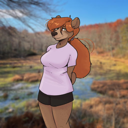 anthro autumn big_nose bottomwear branch breasts clothing cloud dark_nose female freckled_arms freckled_face freckled_legs freckled_thighs freckles green_eyes hair nub_tail orange_hair outside photo_background plant ponytail river round_ears shirt shorts sky solo thick_thighs tied_hair topwear tree katahdin kat_(katahdin) bear mammal 1:1 hi_res mixed_media photography_(artwork)