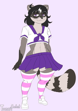 anthro asian_clothing black_hair bottomwear clothing crop_top east_asian_clothing eyewear footwear freckled_face freckled_hips freckles glasses hair japanese_clothing japanese_school_uniform legwear pattern_clothing pattern_legwear pattern_thigh_highs purple_eyes school_uniform shirt shoes skirt sneakers striped_clothing striped_legwear striped_thigh_highs stripes thigh_highs topwear uniform ventral_groove wearing_glasses toonarscontent erika_(toonarscontent) absurd_res hi_res