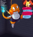 alternate_version_at_source angry anthro arms_tied blue_eyes blue_fire bound bulge captured charmander clothing coal_the_charmander colored_fire delphox dialogue dirty_talk duo english_text female fire gameplay_mechanics generation_1_pokemon generation_6_pokemon hi_res imminent_hypnosis knight male male_focus melee_weapon nintendo orange_body pokemon pokemon_(species) solo_focus speech_bubble stats struggling sword talking_to_another tepigfan101 text underwear warrior weapon