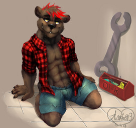 abs anthro black_nose brown_body brown_fur brown_hair clothed clothing front_view fur glistening glistening_eyes hair kneeling looking_at_viewer male male_anthro multicolored_hair muscular muscular_anthro muscular_male narrowed_eyes open_clothing open_topwear red_hair smile solo toolbox tools topwear two_tone_hair wrench yellow_eyes chumbasket bear mammal 2013 dated hi_res signature