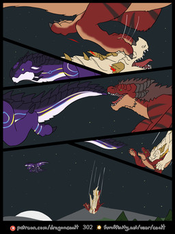 black_claws black_stripes blood bodily_fluids caught_off_guard chasing claws dialogue falling feral flying fur furaffinity_logo grabbing_from_behind green_eyes grimace group jaw_horn looking_back male membrane_(anatomy) membranous_wings neck_spikes night open_mouth outside page_number patreon_logo poking_eye purple_body pushing_down red_body red_fur sharp_teeth sky spiked_tail spikes spikes_(anatomy) star starry_sky stripes surprised tail tan_body tan_fur teeth text violence wings wounded yellow_body rimentus european_mythology furaffinity mythology patreon coalt kermeros korvath_(rimentus) dragon furred_dragon furred_scalie mythological_creature mythological_scalie scalie western_dragon comic english_text hi_res url