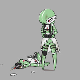 4_fingers anthro box breasts clothing container damaged death doll dress duo featureless_breasts featureless_feet feet female female_death fingers glistening glistening_body gore green_hair hair machine medium_breasts red_eyes ryona torn_clothing torn_dress toy war white_body wire e254e nintendo pokemon gardevoir generation_3_pokemon humanoid pokemon_(species) robot hi_res