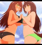 big_breasts bikini black_bars blush breast_squish breasts breasts_frottage brown_hair butt clothing duo female hair hand_holding one_eye_closed simple_background squish swimwear two-piece_swimsuit wink nao_(artist) animal_humanoid humanoid digital_media_(artwork) letterbox shaded