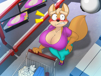 anthro bag big_breasts big_butt black_nose blush bottle bottomwear box breasts butt camera camera_view cleavage clothed clothing container crossgender curvy_figure embarrassed erect_nipples female fluffy fluffy_tail fur hand_on_hip hourglass_figure mtf_crossgender nipple_outline nipples orange_body orange_fur pants security security_camera shirt shopping shopping_cart solo t-shirt tail topwear wide_eyed wide_hipped_anthro wide_hipped_female wide_hips dracojeff nintendo star_fox fox_mccloud canid canine fox mammal 4:3