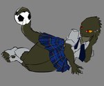 anthro ball bottomwear bully clothing female lying mischievous on_side plaid pleated_skirt prehensile_tail pupils school_uniform skirt slit_pupils soccer_ball solo tail thick_thighs uniform greenpolygon crocodilian humanoid reptile reptoid scalie digital_media_(artwork) hi_res krita_(artwork)