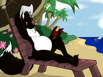 anthro beach belly black_body black_fur claws cloud coconut coconut_tree day drupe_(fruit) flower food fruit fruit_tree fur male nude outside palm_tree plant pregnant pregnant_male sea solo tail tree water white_body white_fur pandottermon canid canine canis fox hybrid mammal wolf