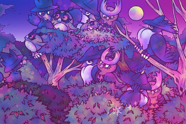 ambiguous_gender bisexual_lighting detailed_background full_moon group moon night outside plant tree wood unknown_artist nintendo pokemon avian bird generation_2_pokemon generation_4_pokemon honchkrow hoothoot murkrow noctowl pokemon_(species) purple_theme