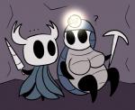 ambiguous_gender armor big_breasts breasts cavern cloak clothing detailed_background duo ellipsis empty_eyes female headgear headlamp helmet lamp melee_weapon pickaxe question_mark weapon kurohachuurui hollow_knight team_cherry myla_(hollow_knight) the_knight_(hollow_knight) arthropod humanoid insect vessel_(species) featureless_(disambiguation)