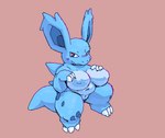 >:3 amphlow anthro anthrofied back_spikes barely_visible_genitalia barely_visible_pussy belly big_breasts big_ears blue_body blush breasts claws female front_view generation_1_pokemon genitals hand_on_breast high-angle_view inverted_nipples looking_at_viewer navel nidorina nintendo nipples pokemon pokemon_(species) pussy red_eyes short_stack simple_background slightly_chubby slightly_chubby_female smile solo spikes spikes_(anatomy) standing toe_claws