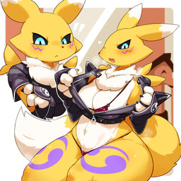 3_fingers anthro arm_tuft belly big_breasts black_claws black_clothing black_jacket black_nose black_topwear blue_eyes blush blush_lines bra breasts chest_fur chest_tuft claws clothing crossed_arms curvy_figure double_tomoe duo facial_markings female fingers fluffy fluffy_tail frown fur fur_markings happy head_markings heart_symbol jacket latex long_tail markings moan navel open_mouth presenting presenting_breasts purple_body purple_fur shoulder_tuft simple_background smile tail thick_thighs tomoe_(symbol) topwear tuft underwear white_body white_fur wide_hips yellow_body yellow_fur yin_yang kyameta bandai_namco digimon canid canine digimon_(species) mammal renamon 1:1 absurd_res hi_res