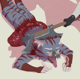 5_fingers axe bisected blood blood_on_body blood_stain blush bodily_fluids clothing cut_in_half disembowelment execution eyebrows fingers flushed fur fuzzy gasp gloves gore green_eyes green_sclera grey_body grey_fur guts handwear imminent_death inner_ear_fluff intestines male multicolored_body multicolored_fur nude on_ground open_mouth organs pawpads pink_ears pink_nose pink_pawpads pink_tongue purple_body purple_fur red_body red_fur red_stripes severed_body_part shadow solo stripes tail teeth tongue tongue_out tuft white_body white_eyebrows white_fur chuchochi chuchochi_(character) domestic_cat felid feline felis mammal hi_res