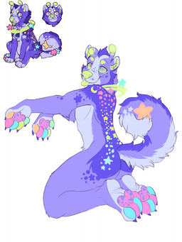 antennae_(anatomy) anthro arm_tuft blep blue_body blue_claws blue_ears blue_eyes blue_fur blue_pawpads blue_tail butt butt_tuft claws elbow_tuft feral finger_claws fluffy fluffy_tail fur green_inner_ear_fluff green_nose green_pawpads green_sclera green_tongue grey_inner_ear head_tuft inner_ear_fluff kneeling male markings orange_pawpads pawpads pink_pawpads simple_background smile solo sparklefur spots spotted_back spotted_body spotted_fur tail toe_claws tongue tongue_out tuft unsigned white_background yaoifairy alien canid mammal hi_res multiple_images pastel_theme