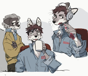 5_fingers anthro black_eyebrows black_nose blue_clothing blue_shirt blue_topwear brown_hair chair clothed clothed_anthro clothed_male clothing container countershading crossed_arms cup duo electronics eyebrows eyewear facial_hair fangs fingerpads fingers front_view fur furniture glasses grey_body grey_ears grey_fur hair headgear headphones headset headset_microphone holding_container holding_cup holding_mug holding_object male male_anthro mug multicolored_body multicolored_fur mustache on_chair open_mouth open_smile pawpads shirt short_hair simple_background sitting sitting_on_chair smile solo teeth topwear wearing_glasses white_body white_countershading white_eyebrows white_facial_hair white_fur white_mug white_mustache white_sclera yellow_clothing yellow_topwear axian6777 dispatch chase_(dispatch) robert_robertson_(dispatch) canid canine mammal 2025 chinese_description digital_media_(artwork) hi_res
