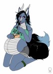 anthro belly big_belly black_hair black_tail blue_body blue_hair blue_tail bottomwear clothed clothing ear_piercing ear_stud fangs female food green_clothing green_topwear grey_bottomwear grey_clothing grey_hotpants grey_shorts hair holding_food holding_object hotpants kneeling logo multicolored_hair navel open_mouth open_smile piercing pregnant pregnant_anthro pregnant_female purple_eyes shorts simple_background smile solo tail teeth topwear two_tone_hair white_background milk-jug mythology dragon mythological_creature mythological_scalie scalie artist_logo