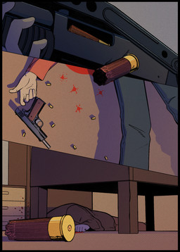anthro bed blood bodily_fluids bottomwear bullet_casing close-up clothed clothing convenient_censorship corpse death franchi_pa-3 fur furniture gun handgun holding_gun holding_object holding_ranged_weapon holding_weapon inside low-angle_view m1911 male pistol ranged_weapon sawed_off_shotgun shell_(projectile) shotgun shotgun_shell weapon kosatich colt's_manufacturing_company fabbrica_d'armi_pietro_beretta franchi_s.p.a. elisa_(kosatich) felid feline felis lagomorph leporid mammal rabbit 2024 comic digital_media_(artwork) halftone hi_res multiple_scenes
